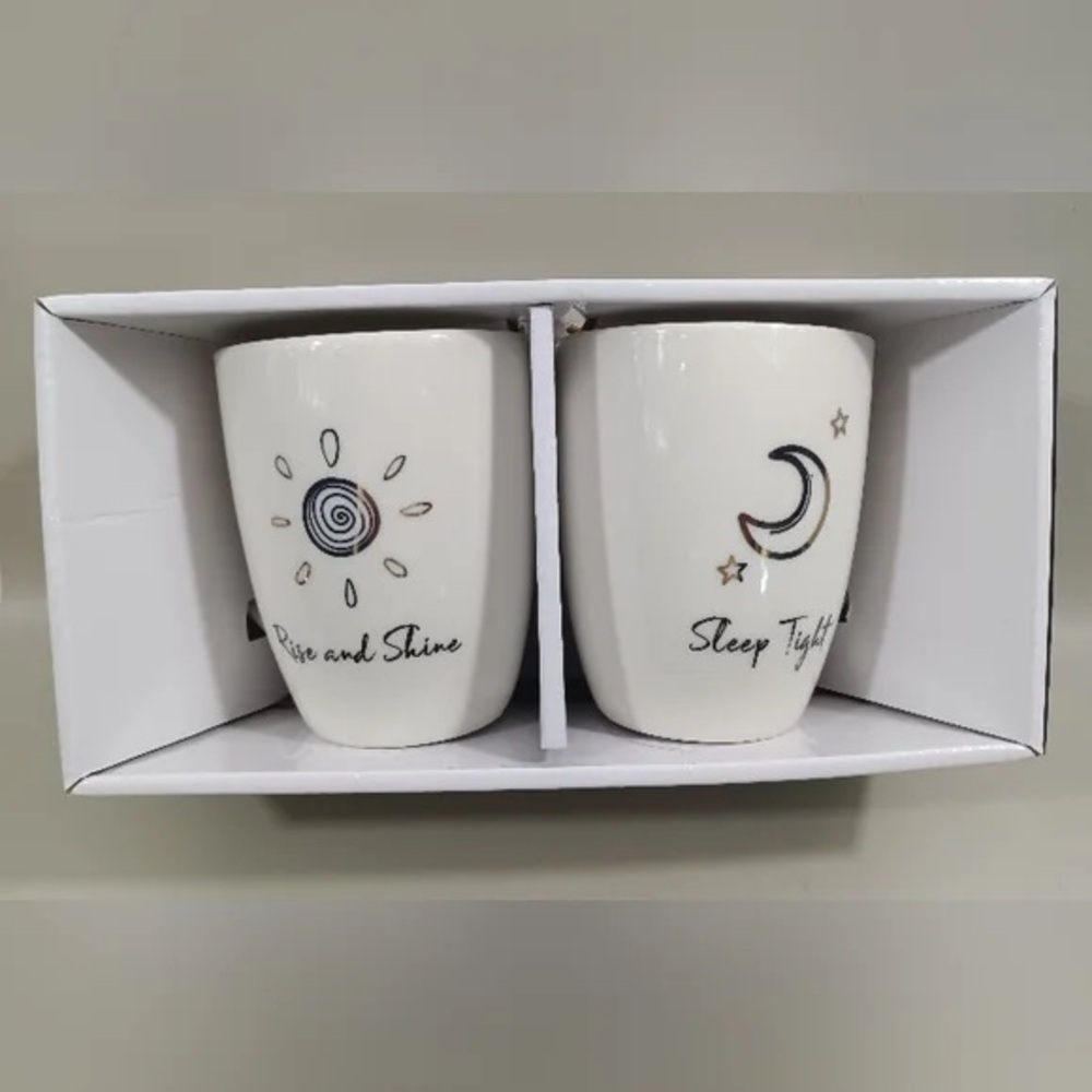 Rise And Shine Sleep Tight Coffee Tea Mugs Set Of 2 Ceramic Cups NEW